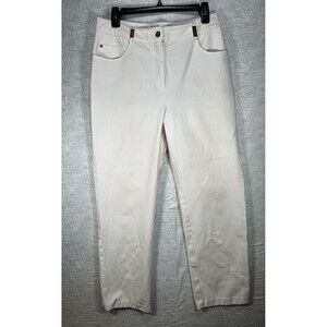 St. John Sport Marie Gray Cream Gold Logo Hardware Straight Leg Pant SZ 10 Flaw